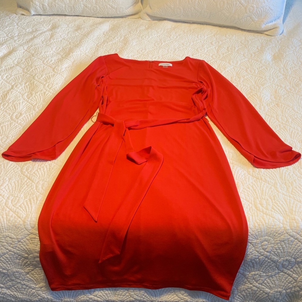 Calvin Klein - Red Belted Dress/Tulip Sleeves - 6